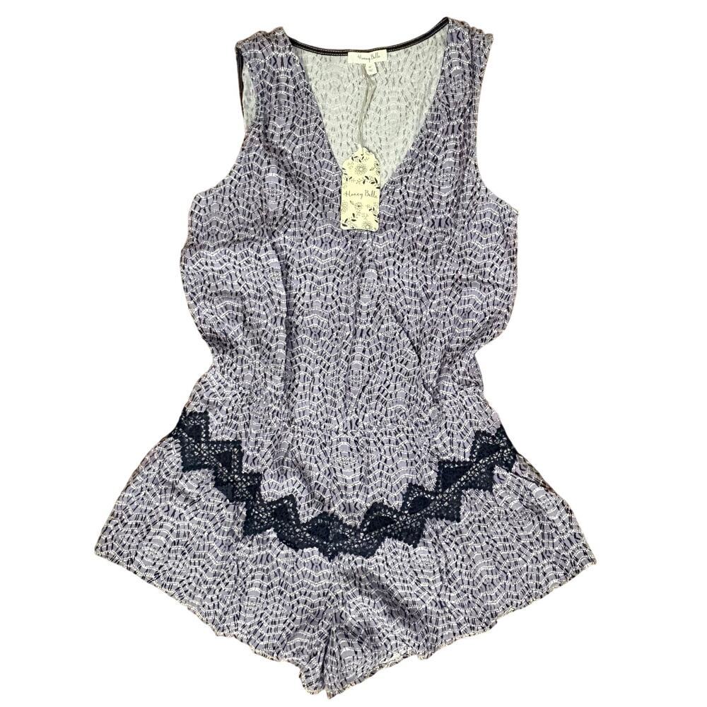 Honey Belle Purple and Black Romper Women’s Sz M Lace Details V-neck Cottagecore